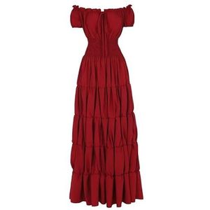 Vrouwen Middeleeuwse Renaissance Jurk Boho Korte Mouwen Off Shoulder Gesmokte Taille Retro Geplooide Lange Jurk Kostuum(Wine Red,XXL)