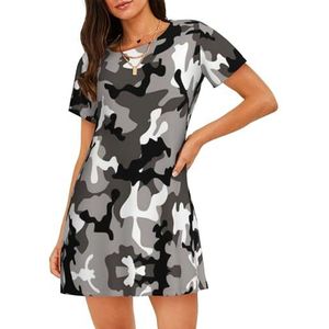 GXUNGT Ack Grijze witte camouflageprint dames zomergewaad, nachtkleding met korte mouwen, zacht en comfortabel, voor thuis en buiten, Zwart, S