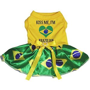 Petitebelle Kiss Me Ik ben Braziliaanse Geel Katoen Shirt Tutu Puppy Hond Jurk, X-Small, Brazil Flag