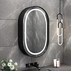 LED badkamerspiegelkast, ovale wandgemonteerde opbergkast, spiegeldeurkast voor thuis, 80H x 50W, moderne opbergkast kast spiegel, zwart