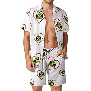 I Love Jamaica Red Heart Hawaiiaanse bijpassende set voor heren, 2-delige outfits, overhemden en shorts met knopen voor strandvakantie