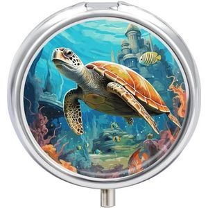 Pillendoos Dolfijnen Zeeschildpad Koraalrif Gedrukt Pillendoosje Dagelijks Ronde Pocket Apotheek 3 Compartiment Kleine Pillendoos Draagbare Pillendoos Organizer en Vitamine Containers Snap Shut