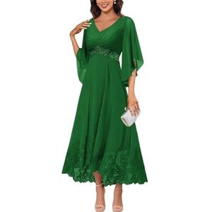 KURFACE Jurken voor dames, V-hals, moeder van de bruid met mouwen, kanten applicatie, chiffon, formele avondjurk, Emerald Groen, 32