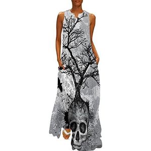 Creatieve doodshoofd boom zwarte adelaar dames enkellengte jurk slim fit mouwloze maxi-jurken casual zonnejurk L