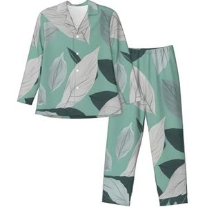 sttung Mint grijze bladeren print heren pyjama met lange mouwen, zachte ademende nachtkleding, knopen aan de voorkant en elastische taille broek, Zwart, S