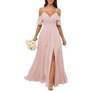 KURFACE Bruidsmeisjesjurken met V-hals en spleet, geplooide koude schouder, chiffon, formele jurk, feestjurk, Blush Roze, 32
