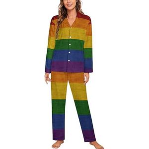 Gay Pride vlag dames lange mouw button down nachtkleding zachte nachtkleding lounge pyjama set L
