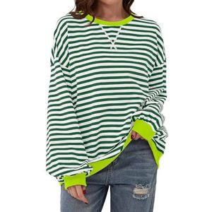 TERIVEEK 2000 Oversized sweatshirt voor dames met lange mouwen en ronde hals, casual gestreepte trui met losse pasvorm, Groen/Wit, S