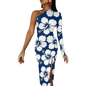 Blauwe Hibiscus Bloem Dames Halve Mouw Jurk Avondfeest Lange Jurken Cocktail Split Bodycon Jurk L