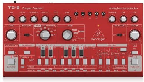 Behringer TD-3-RD analoge baslijn synthesizer met VCO, VCF, 16-stappen sequencer, vervormingseffecten en 16-stemmige polyketting, compatibel met pc en Mac