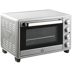 HOMCOM mini oven 32 l met bakplaten elektrische mini oven met opvangschaal metaal rvs glas zilver 52,2 x 38,1 x 33,5 cm