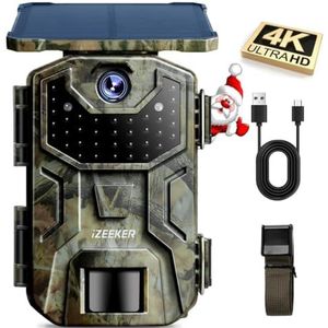 iZEEKER Wildcamera op zonne-energie, 4K 30fps 48MP Wildcamera met 36pcs Infrarood-LEDs, Wildcamera met Nachtzicht Bewegingsgeactiveerd IP66 Waterdicht voor Bewaking van Wilde