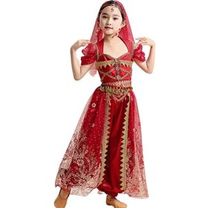 Meisje Buikdanskostuum, 4-delige set Bollywood Indian Arabian Dancing Performance Outfits kind Halloween Carnaval Dancing Suit,Rood,XL