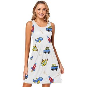 LI ZHI XIN Vrouwen Zomer Jurken Ronde Hals Casual A-lijn Mouwloos Vest Jurken met Zakken Vliegtuigen Auto Cartoon Patronen, Meerkleurig, S