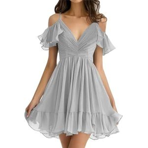 WSEYU Chiffon bruidsmeisjes jurken kort off-shoulder A-lijn ruches geplooide prom avondjurk, Zilver, 42