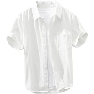 Mannen Zomer Korte Mouw Shirt Katoen Button Up Shirts Patch Zakken Borduurwerk Casual Solid Tops, Wit, L