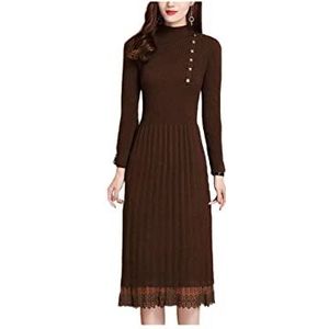 SERUMY Knitted Dress Lace Hem Buttons Women Autumn Winter Sweater Knitted A Line Dresses Ribbed Slim Elastic Long Sleeve Lady Body-Con Midi Dresses-Coffee,S