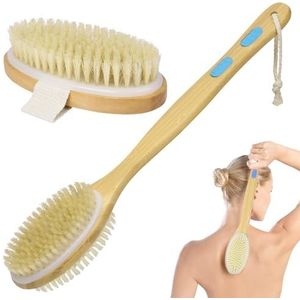 URAQT Rugborstel, massageborstel, badborstels, dubbelzijdige natuurlijke borstels, doucheborstel, lichaamsborstel, houtschrobber met lange steel voor peeling, massage, verbetert de doorbloeding