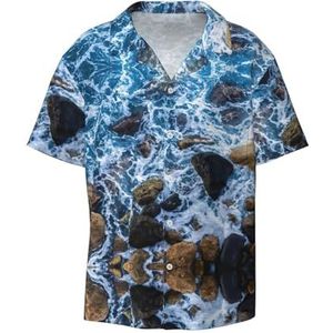 TyEdee Sea Stones Print Heren Korte Mouw Overhemd met Zak Casual Button Down Shirts Business Shirt, Zwart, 4XL