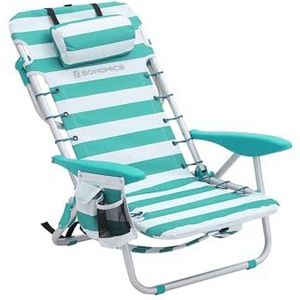 SONGMICS Strandstoel, campingstoel, inklapbaar, met schouderriem, verstelbare rugleuning, hoofdsteun, armleuning, 2 zijvakken, groen en wit GCB62JW