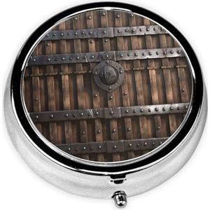Pillendoosje met spiegel, retro pillendoos met 3 vakken, houten kasteelmuur, metalen poort, kleine pillenorganizer voor portemonnee of zak, decoratieve metalen medicijn-vitamineorganizer, unieke