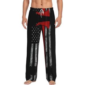 Brandweerman Bijl Rode Lijn Vlag Mannen Lange Lounge Wear Broek Nachtkleding Pyjama Bottoms Nachtkleding Met Zakken En Trekkoord, Wit, S