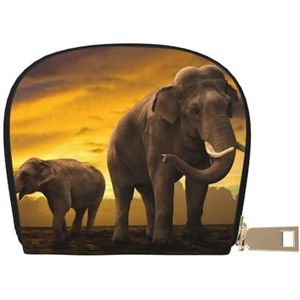 LAMAME Konijnen in Verschillende Poses Springen Running Gedrukt Lederen Shell Card Bag Creditcardhouder Zip Kaarthouder Portemonnee, Sunset Ouder-kind Olifant, Eén maat