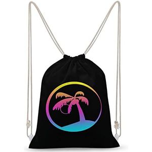Kleurrijke Strand Palmboom Trekkoord Rugzak String Bag Sackpack Canvas Sport Dagrugzak voor Reizen Gym Winkelen
