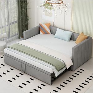 Idemon Gestoffeerd bed, uittrekbare slaapbank, 90/180 x 200 cm, met lattenbodem, multifunctioneel bed van huidvriendelijk fluweel, grijs