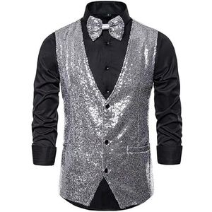 BCLYERBJ Heren Formeel Vest, Glanzende Pailletten Pak Vest Voor Mannen Enkelrijs Glitter Gilet Mouwloos Disco Dans Vest Slim Fit Party Club Bruiloft Vrijetijdsjas Top Voor Mannen Zilver L