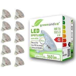 10x greenandco® CRI97+ 2700K 110° LED-spot vervangt 25W GU5.3 MR16, 6W 360lm warm wit 12V AC/DC, flikkervrij, niet-dimbaar