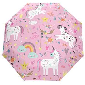 Jeansame Eenhoorn Regenboog Roze Vouwen Compacte Paraplu Automatische Regen Paraplu's voor Vrouwen Mannen Kid Jongen Meisje