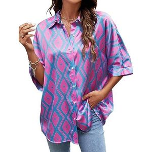 dames topjes Overhemd met vleermuismouwen en geoprint for dames - Casual losvallend overhemd met knopen aan de voorkant en driekwart mouw (Color : Multicolore, Size : L)