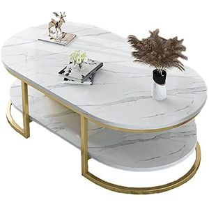 Salontafel Ovaal Zwart en Wit Imitatiemarmer Koffietafel 2 Tier Woonkamertafel Moderne Bijzettafel Houten en Metalen Salontafel(2 Kleuren) (Color : 2 layers white, Size : 100x60cm)