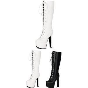 Hoge Dameslaarzen, Platformlaarzen Met Lange Schacht En Blokhak, PU-leren Ridderlaarzen, Elegante 14,5 Cm Hoge Hakken, Dames Herfst-winter Veterlaarzen for Feestjes(White,42 EU)