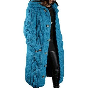 Sawmew Vest vrouwen lang vest winterjas lange mouw jas herfst winter gebreide trui effen elegante winterjassen trui met kap gebreide jas (Color : Blue, Size : 4XL)