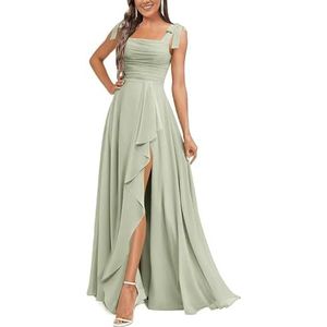KURFACE Chiffon bruidsmeisjesjurken voor dames met split ruches lange bruidsmeisje vloerlengte formele feestjurk, Sage Groen, 32