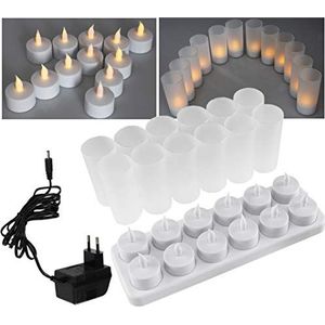 ChiliTec Led-theelichtjes, 12 stuks, met windbescherming, oplaadbaar, batterijkaarsen, accu, laadstation, voeding, tafeldecoratie voor feest, bruiloft, Kerstmis