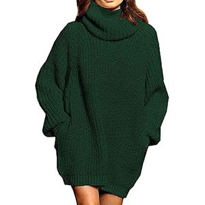 KeYIlowys Trui herfst en winter mode lange mouwen rolkraag trui dames halflange gebreide jurk vrouwen, Groen, XL