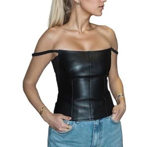 EMOTTOS Vrouwen Leren Spaghetti Strap Tank Tops, Sexy PU Mouwloos Vest met Laag uitgesneden Hemdje, Y2K Slim Fit Top met Elastische Band, Stijlvolle Nachtclub Party Rave Tshirts voor Dames, Zwart, L