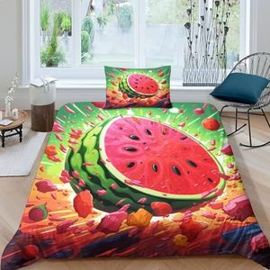 BUKISA Watermeloen dekbedovertrek, 2-delige beddengoedset, 3D-printpatroon, fruitdekbedovertrek met 1 kussenslopen, microvezel, dekbedovertrek voor alle seizoenen, met rits, voor kinderen, jongens,