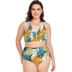 Palmbladeren Ananas Fruit Vrouwen Bikini Sets Plus Size Badpak Twee Stukken Hoge Taille Strandkleding Meisjes Badpakken, Pop Mode, XL