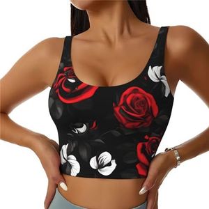 Zwart Wit en Rode Rozen Print Vrouwen Workout Tank Tops Racerback Mouwloos Sport Vest Voor Yoga Gym Atletische, Zwart, S