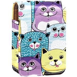 Lipgloss Houder Lipstick Case Draagbare Mini Lipstick Opbergdoos Reizen Lipstick Organizer Case met Spiegel voor Vrouwen Blauw Paars Geel Cartoon Kat Patroon, Meerkleurig, 9.5x2x7 cm/3.7x0.8x2.7 in