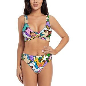 Zelinge Kleurrijke Wrap Front Bikini Top en Hoge Taille Bodem Zomer Badpak Twist Front Badpak S-2XL, Cartoon Kleurrijke Eenhoorns, S