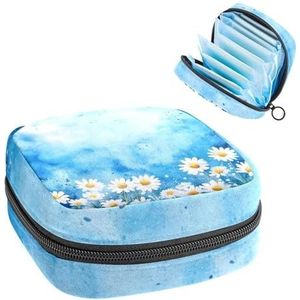 Opbergtas voor maandverband, aquarel kamillebloemen op blauwe achtergrond, draagbare maandverband, inlegkruisjes, tampons, opberghouder voor maandverband voor vrouwen, school, kantoor