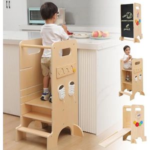 Olvy Kids - 4-in-1 Leertoren - Keukenhulp - Learning Tower - Montessori Leertoren - Kindertrap - Keukentoren