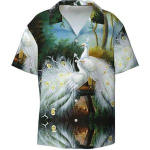TyEdee Witte Pauwenprint Heren Korte Mouw Overhemden met Zak Casual Button Down Shirts Business Shirt, Zwart, 4XL