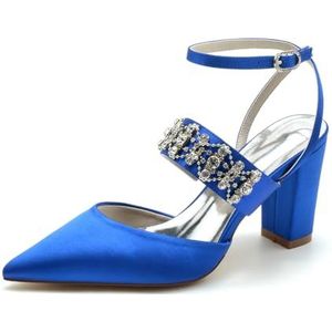 GHSIRUEU Slingback Strass Hakken Voor Dames Gesloten Pompen Met Puntige Neus Enkelbandje Satijnen Trouwjurk Schoenen,Blauw,36 EU