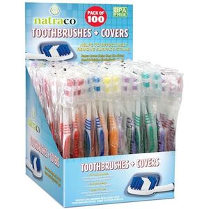 natraco Bulk tandenborstelpakket met hoezen | Premium kwaliteit individueel verpakte kleurrijke tandenborstels | Medium zachte haren voor reizen, donaties, hotels (100)